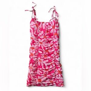 Crystal Doll Pink Floral Mesh Ruched Dress